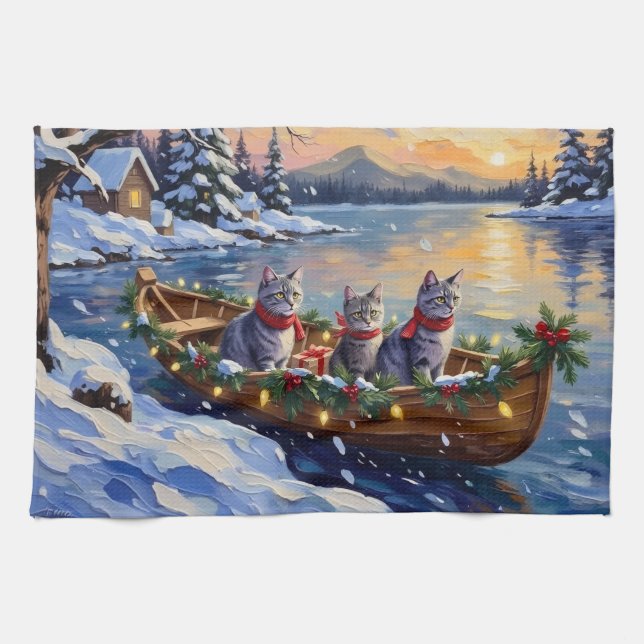 Orientaler Blaukatzen-Weihnachtsboot-Urlaub Geschirrtuch (Horizontal)