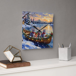 Orientaler Blaukatzen-Weihnachtsboot-Urlaub Quadratische Wanduhr