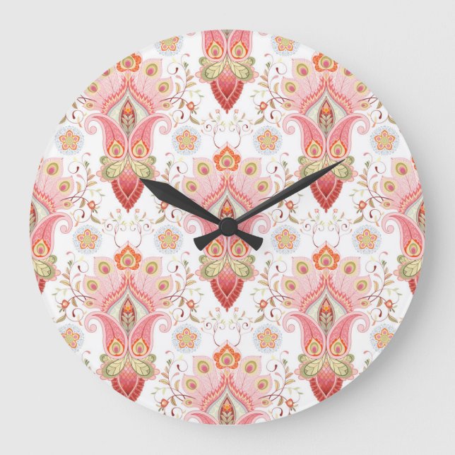 Orientaler Flair: Damask Peacock Paisley Große Wanduhr (Vorderseite)
