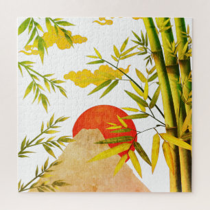 Orientaler japanischer Bergsonnenaufgang mit Bambu Puzzle