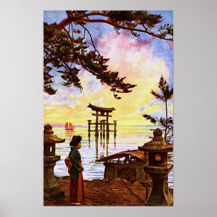 Orientales japanisches Malerei Shinto Tor in Wasse Poster