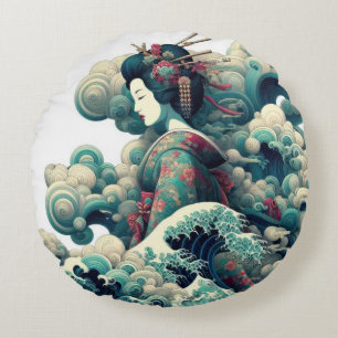 Orientalisch abstrakte Geisha Kanagawa weht Wolken Rundes Kissen