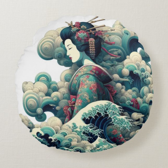 Orientalisch abstrakte Geisha Kanagawa weht Wolken Rundes Kissen (Vorderseite)