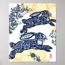 Orientalisch Blau und Weiß Chinoiserie Bunny Rabbi