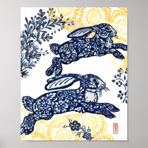 Orientalisch Blau und Weiß Chinoiserie Bunny Rabbi Poster