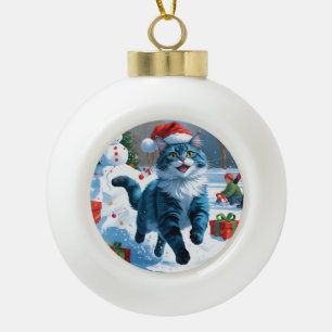 Orientalisch Blaue Katze sitzt in Schnee-Christmas Keramik Kugel-Ornament