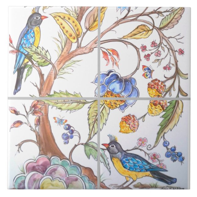 Orientalisch-Jacobohne Bird Floral Chinoiserie Fliese (Vorderseite)