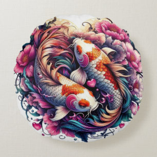 Orientalisch lebendig abstrakter Koi fischen Welle Rundes Kissen