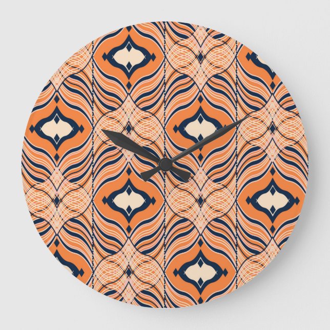 Orientalisch nahtlos: Schwarz-Orange-Ornament Große Wanduhr (Vorderseite)