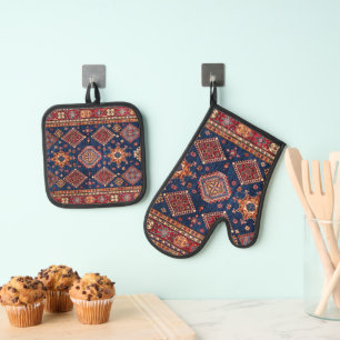 Orientalisch Persischer Türkischer Teppichmuster Ofenhandschuh & Topflappen-Set