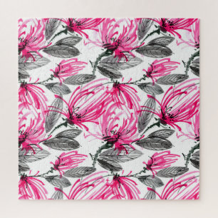 Orientalisch Rote Blume: Aquarellmuster. Puzzle