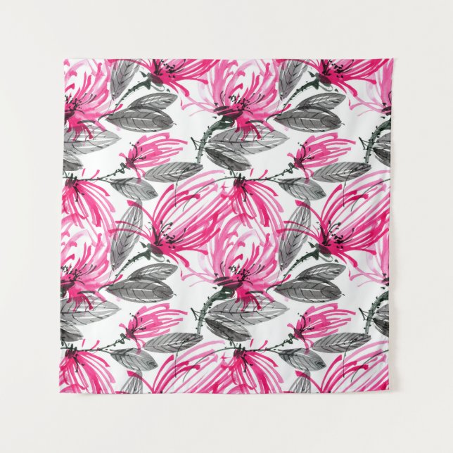 Orientalisch Rote Blume: Aquarellmuster. Wandteppich (Vorderseite)