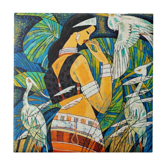 Orientalische abstrakte Damenvögel Fliese (Vorderseite)