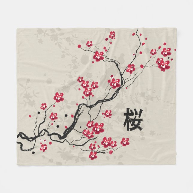 Orientalische Art Sakura Cherry Blossom Art Fleecedecke (Vorderseite (Horizontal))