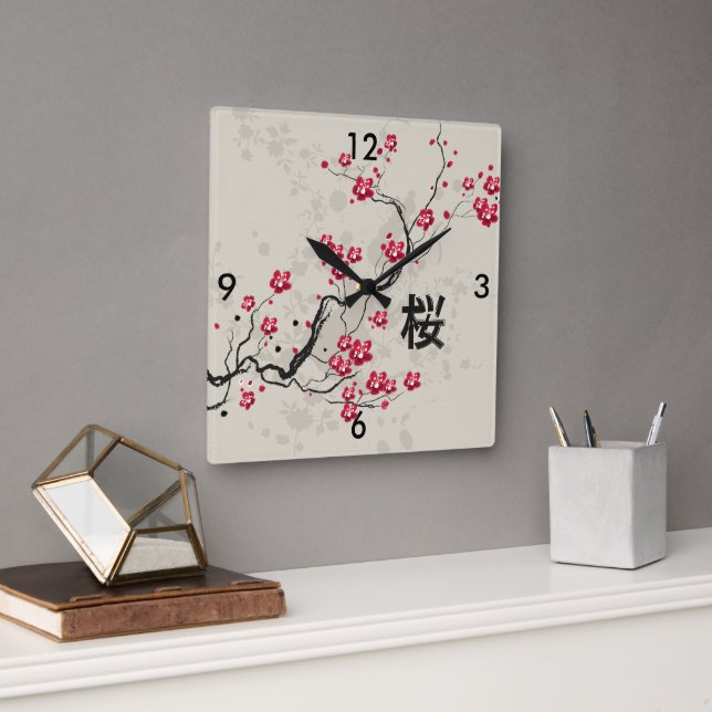 Orientalische Art Sakura Cherry Blossom Art Quadratische Wanduhr (Büro)