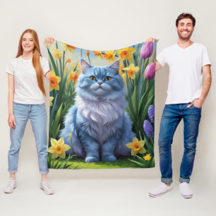 Orientalische Blaue Katze Frühjahrsblumenmalerei Fleecedecke