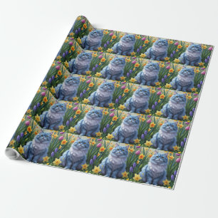 Orientalische Blaue Katze Frühjahrsblumenmalerei Geschenkpapier