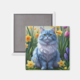 Orientalische Blaue Katze Frühjahrsblumenmalerei  Magnet