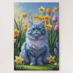 Orientalische Blaue Katze Frühjahrsblumenmalerei Puzzle