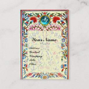 ORIENTALISCHE BLUMEN DAMAST MONOGRAMM Blau Creme Visitenkarte