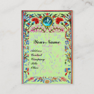 ORIENTALISCHE BLUMEN DAMAST MONOGRAMM Blau Grün Visitenkarte