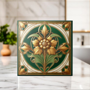 Orientalische Blumenornamentfliese - Grün und Gold Fliese
