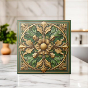 Orientalische Blumenornamentfliese - Grün und Gold Fliese
