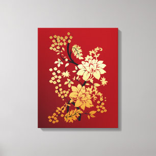 Orientalische Golden Blume auf Rot Leinwanddruck