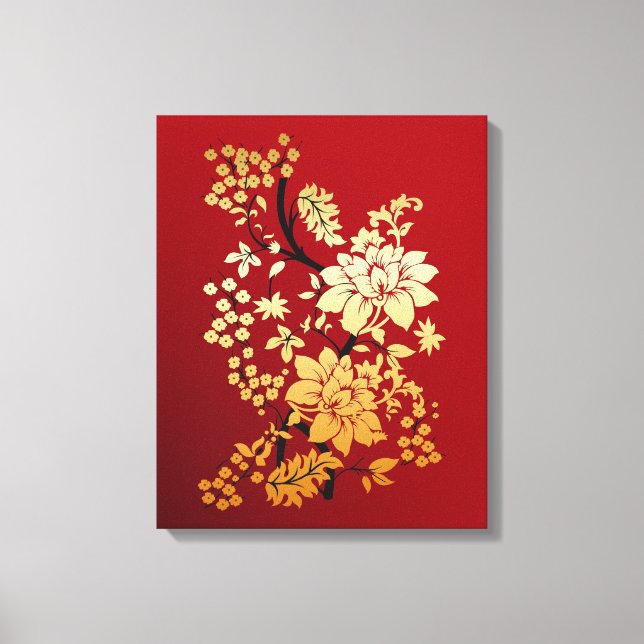 Orientalische Golden Blume auf Rot Leinwanddruck (Vorderseite)