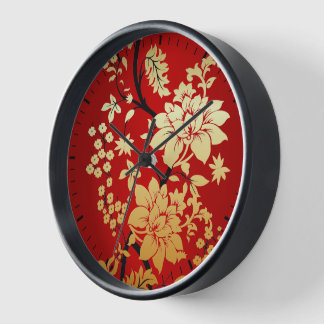 Orientalische goldene Blumen auf Rot Wanduhr