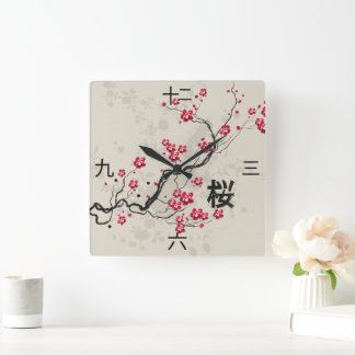 Orientalische Kunst Sakura mit Kanji Quadratische Wanduhr