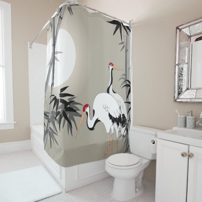 Orientalischer Bambus und Krane bei Sunset Duschvorhang (Beispiel)