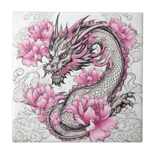 Orientalischer Drache mit kräftigen rosa Blume Fliese