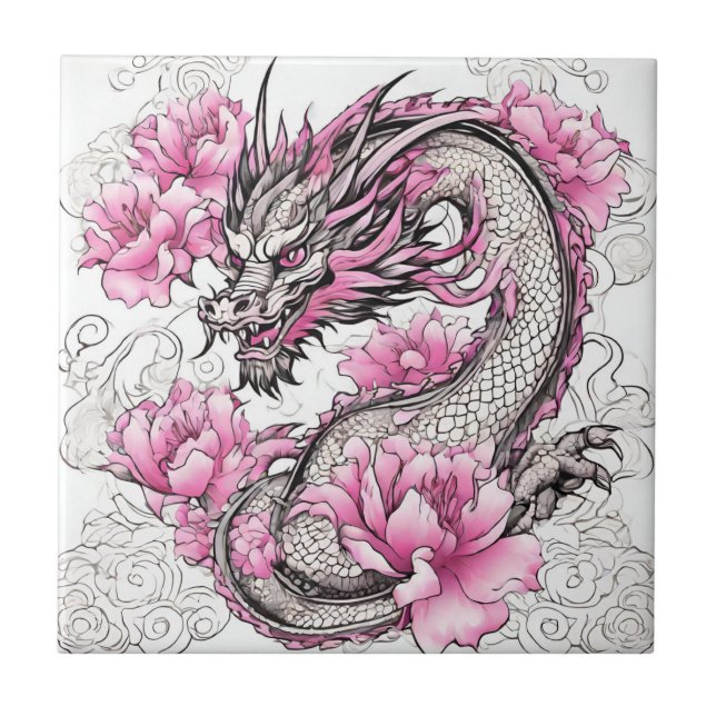 Orientalischer Drache mit kräftigen rosa Blume Fliese (Vorderseite)