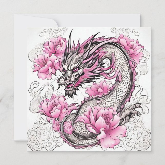 Orientalischer Drache mit kräftigen rosa Blume Karte (Vorderseite)