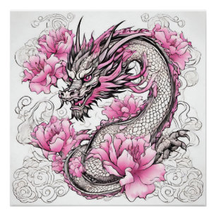 Orientalischer Drache mit kräftigen rosa Blume Poster