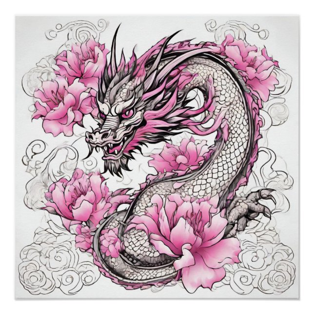 Orientalischer Drache mit kräftigen rosa Blume Poster (Vorderseite)