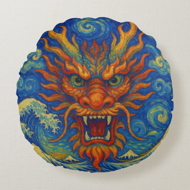 Orientalischer Drache Sternennacht Kanagawa Wellen Rundes Kissen (Vorderseite)