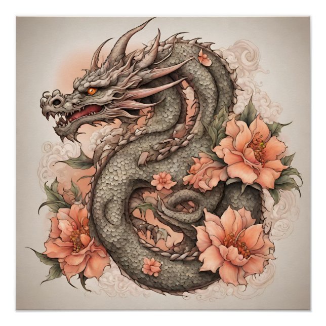 Orientalischer Drache und Blume Poster (Vorderseite)