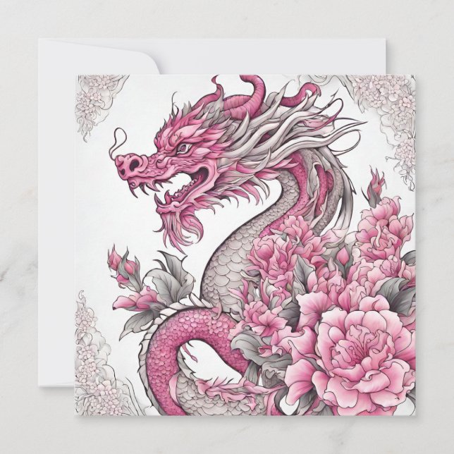 Orientalischer Drache und rosa Blume Karte (Vorderseite)