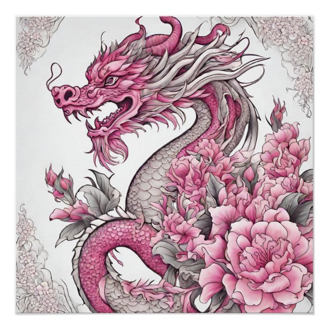 Orientalischer Drache und rosa Blume Poster (Vorderseite)