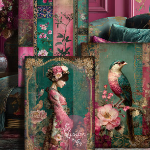 Orientalischer Garten, Portrait, Vogel, Patchwork, Geschenkpapier Set