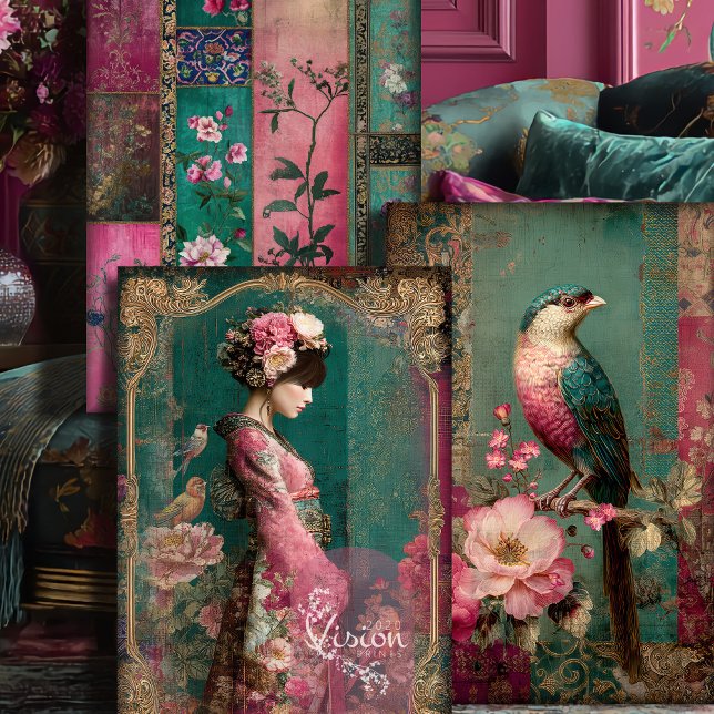 Orientalischer Garten, Portrait, Vogel, Patchwork, Geschenkpapier Set (Oriental Garden, Portrait, Bird, Floral, Chinoiserie Patchwork Collage, Heavyweight Decoupage.)