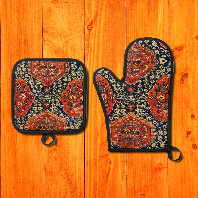 Orientalischer Teppich in Blau und Orange Ofenhandschuh & Topflappen-Set (Von Creator hochgeladen)