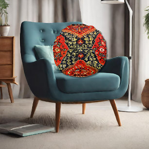 Orientalischer Teppich in Blau und Orange Rundes Kissen