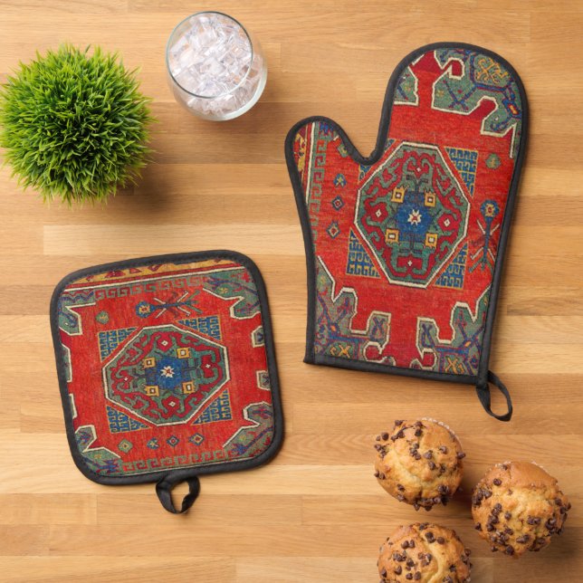 Orientalischer Türkischer Teppich Rug Ofenhandschuh & Topflappen-Set (Oben Unten)