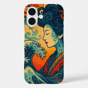 Orientalischer Vektor abstrakt Geisha Kanagawa Wel iPhone 16 Hülle
