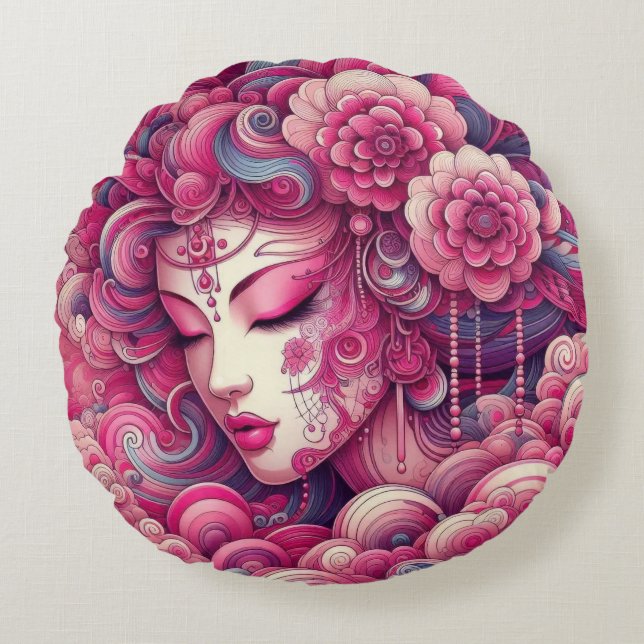 Orientalischer Vektor abstrakt Geisha Rosa Fraktal Rundes Kissen (Vorderseite)