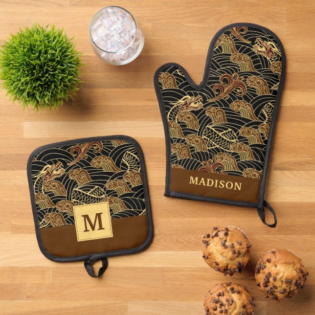 Orientalisches Drachenmuster Ofenhandschuh & Topflappen-Set (Oben Unten)