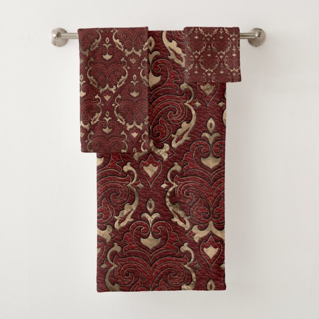 Orientalisches Muster - rotes Leder und Gold Badhandtuch Set (Insitu)